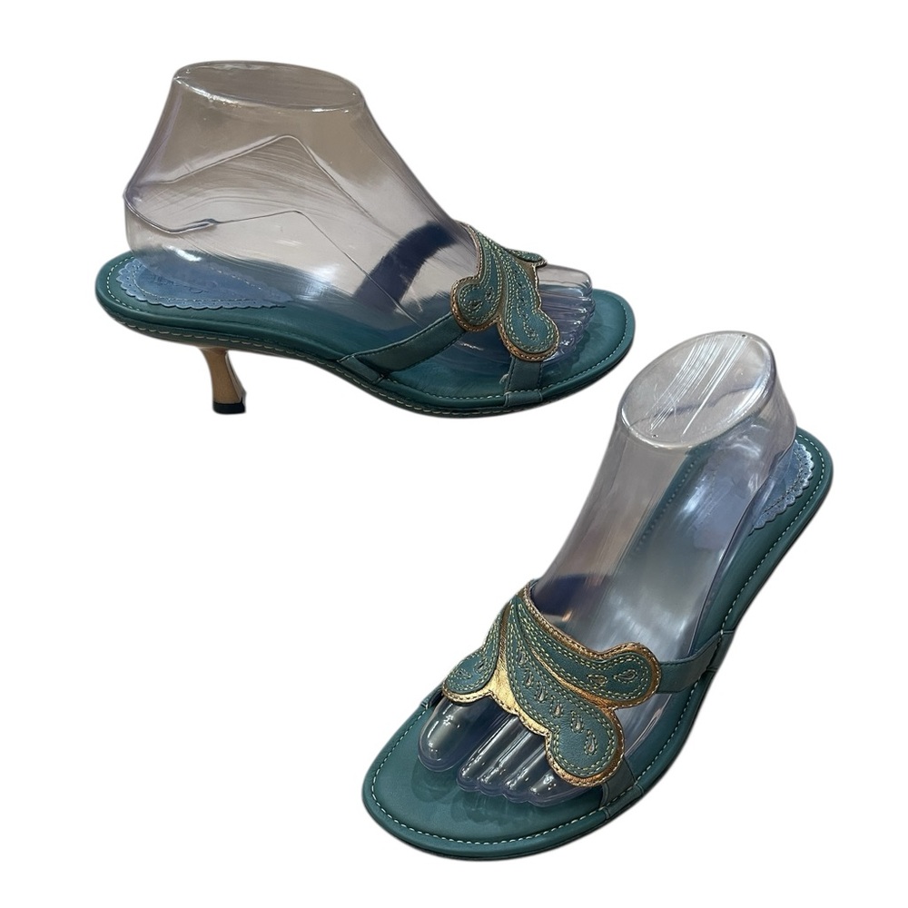 Indigo by Clarks Teal Leather Gold Embroidered Kitten Slip On Heels Size 8